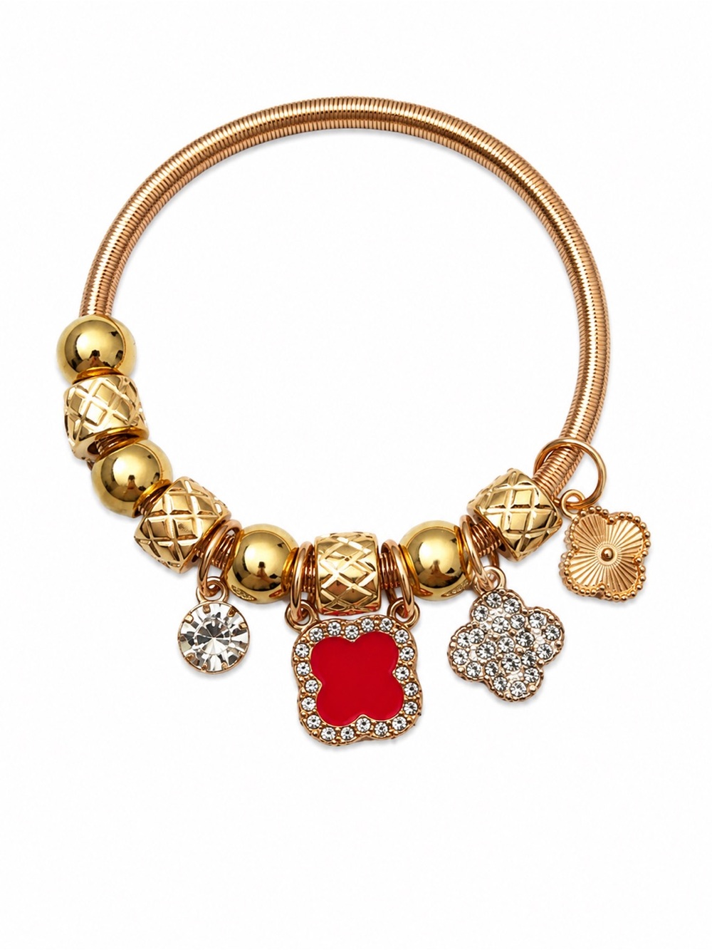 Gold Tone Red Clover Charm Stretch Bangle Bracelet Rhinestone Statement Jewelry